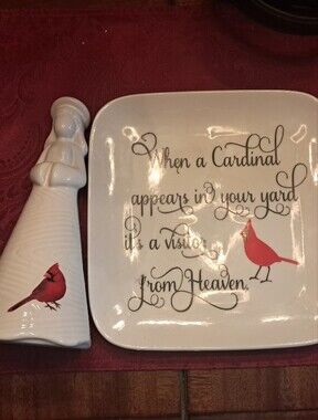 Decorative White Cardinal Ceramic Plate and Angel Memorial Set
